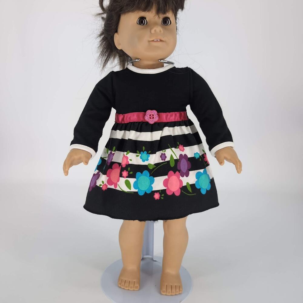 Dollie & Me Black Long Sleeve Mini Dress White Stripe Colorful Floral  18" Dolls